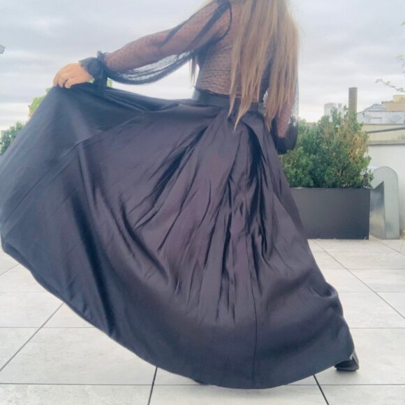 Anthro Full Satin Skater Drama Black Tie Dress Up Maxi Flare Skirt Pockets NWOT
